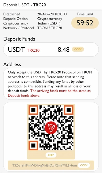 Step 3: The system switches to the USDT deposit interface, you will see a QR code along with a wallet address. Copy this information and open your cryptocurrency wallet to make a transfer.