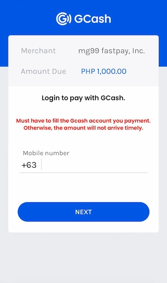 Step 4: The system will redirect to the GCash login page. Members please enter the phone number registered with the GCash account and click "NEXT".