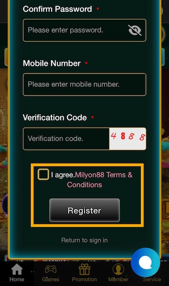 Step 3: Agree to the terms, conditions of MILYON888 and click “Register”.