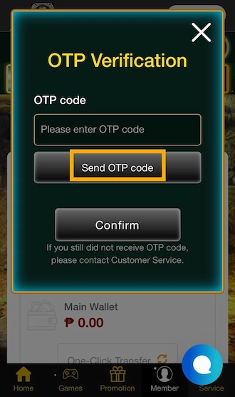 Step 2: New players click “Send OTP code” so the system sends an OTP code to your phone number. Then enter the OTP code you received. 